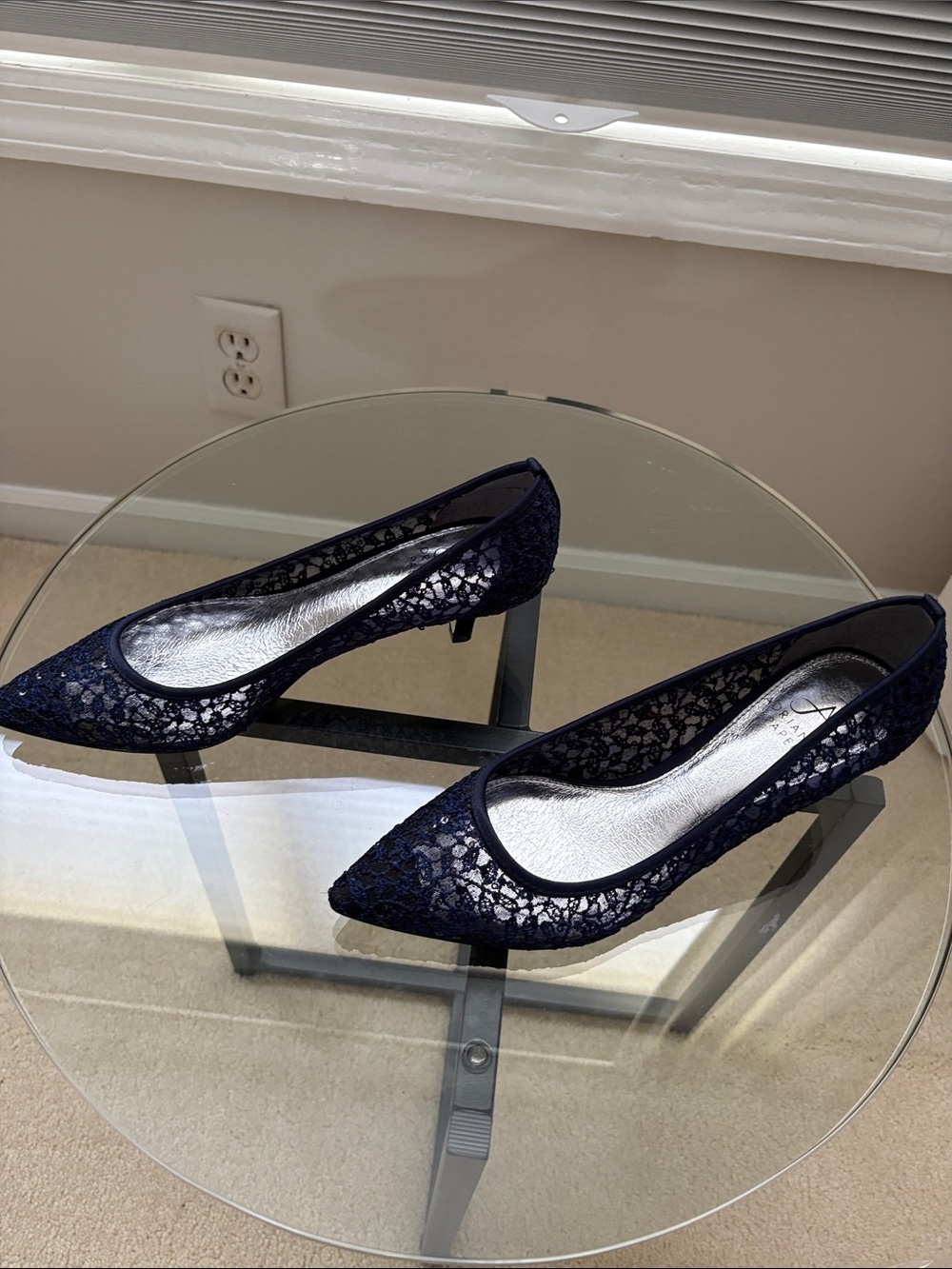 Adrianna Papell Navy Lace Pointed-Toe Kitten Heels
